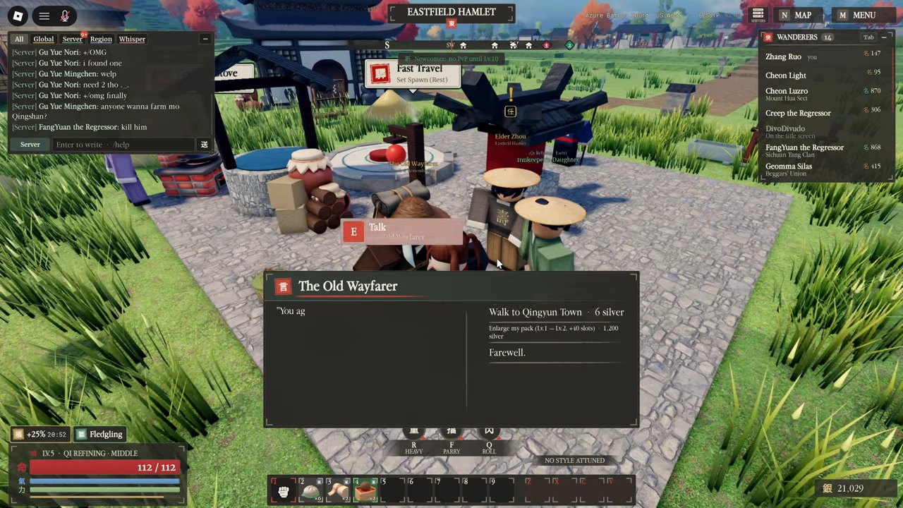 Old Wayfarer dialogue in Eastfield Hamlet with Walk to Qingyun Town and a separate pack enlargement option.