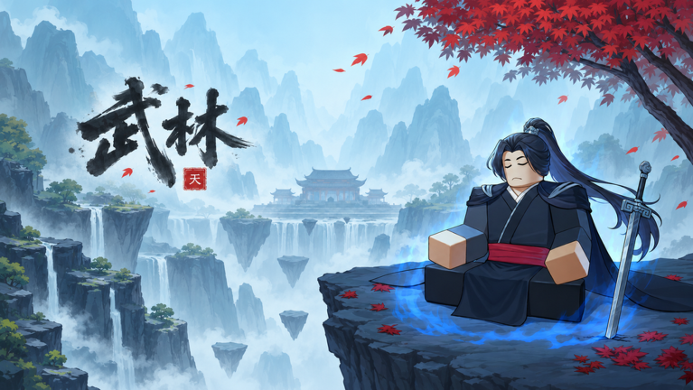A martial artist meditates on a mountain ledge above waterfalls.