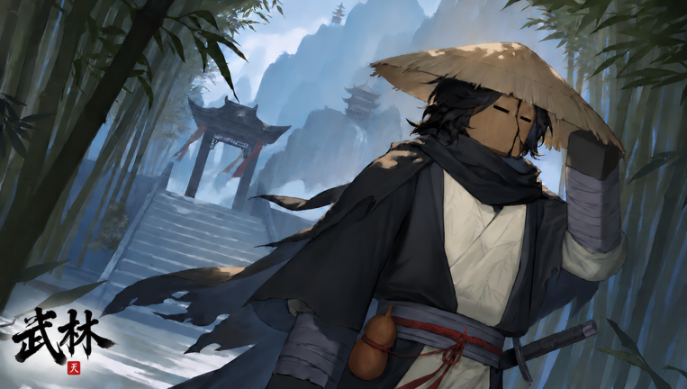 Two martial artists face each other in a misty bamboo forest.